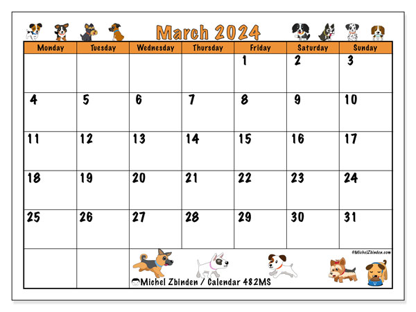 Calendar March 2024 “482”. Free printable program.. Monday to Sunday