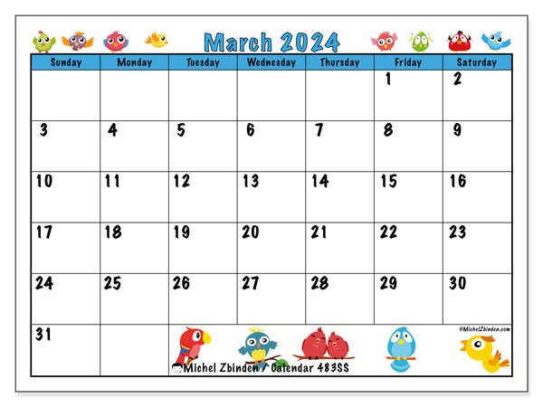 Calendar March 2024 “483”. Free printable calendar.. Sunday to Saturday