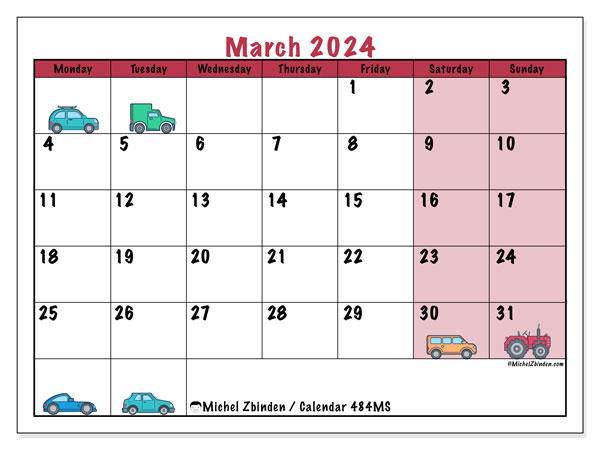 Calendar March 2024 “484”. Free printable program.. Monday to Sunday