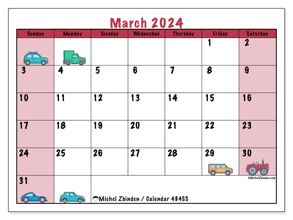 Calendar March 2024 “484”. Free printable program.. Sunday to Saturday