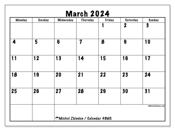 Calendar March 2024, 48MS. Free printable plan.