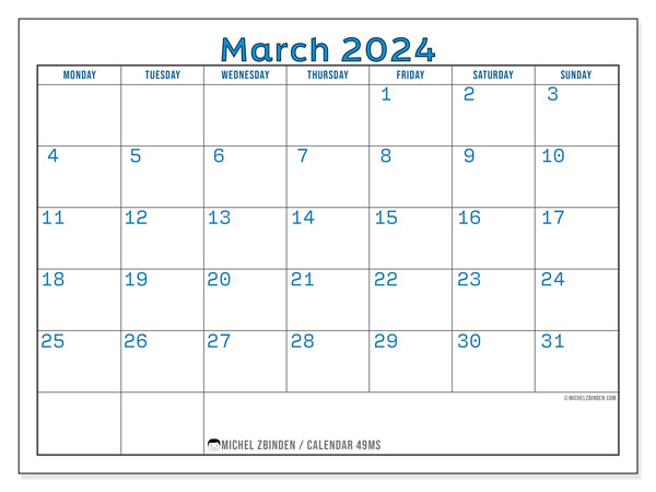 Calendar March 2024, 49MS. Free printable calendar.
