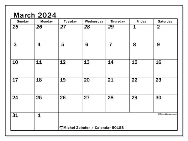 Calendar March 2024 “501”. Free printable program.. Sunday to Saturday