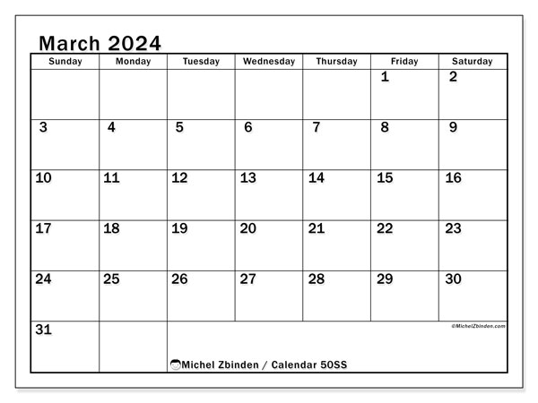Calendar March 2024 “50”. Free printable calendar.. Sunday to Saturday