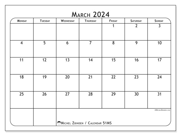Printable calendar, March 2024, 51MS