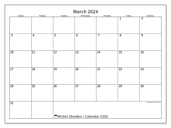 Printable calendar, March 2024, 53SS