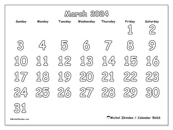 Calendar March 2024 “56”. Free printable plan.. Sunday to Saturday