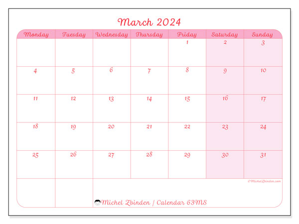 Calendar March 2024 “63”. Free printable program.. Monday to Sunday