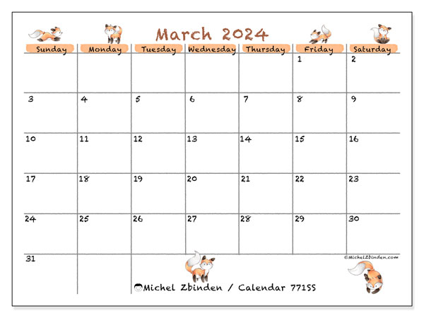 Calendar March 2024 “771”. Free printable program.. Sunday to Saturday
