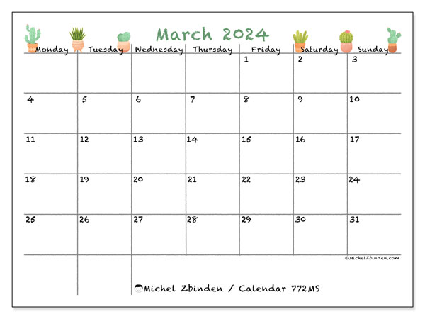 Printable calendar, March 2024, 772MS