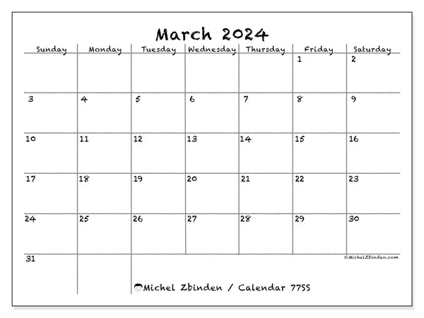 Calendar March 2024 “77”. Free printable calendar.. Sunday to Saturday