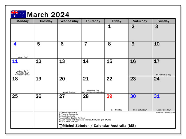 Kalender marts 2024, Australien (EN). Gratis kalender til print.