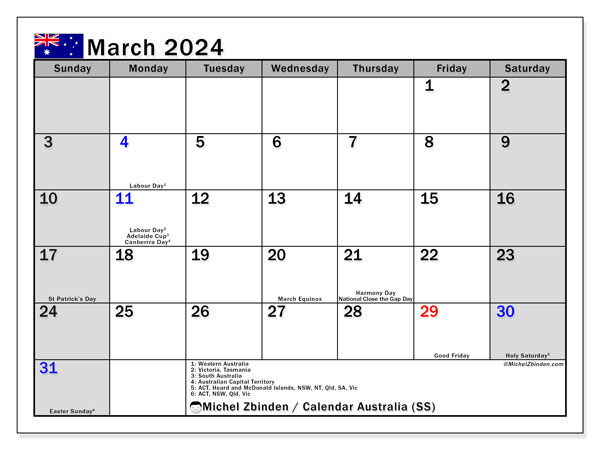 Calendário Março 2024 “Austrália”. Horário gratuito para impressão.. Domingo a Sábado