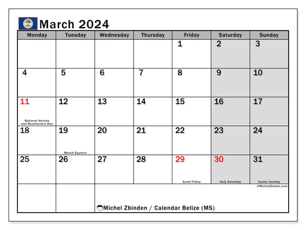 Kalenteri maaliskuu 2024, Belize (EN). Ilmainen tulostettava ohjelma.