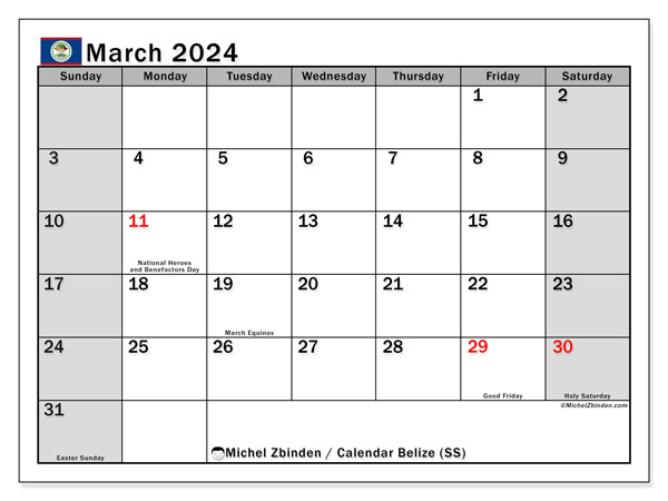 Calendário Março 2024 “Belize”. Jornal gratuito para impressão.. Domingo a Sábado