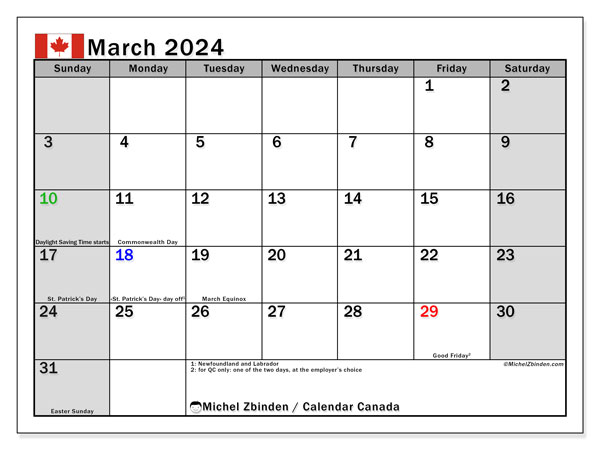 Printable calendar, March 2024, Canada
