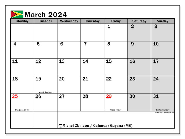 Calendário Março 2024 “Guiana”. Horário gratuito para impressão.. Segunda a domingo