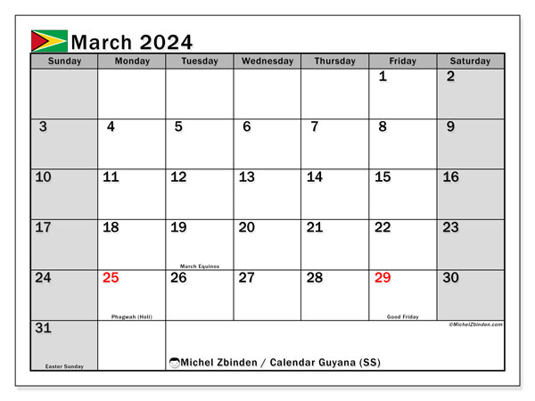 Calendário Março 2024 “Guiana”. Horário gratuito para impressão.. Domingo a Sábado