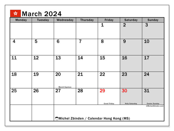 Calendário Março 2024 “Hong Kong”. Horário gratuito para impressão.. Segunda a domingo