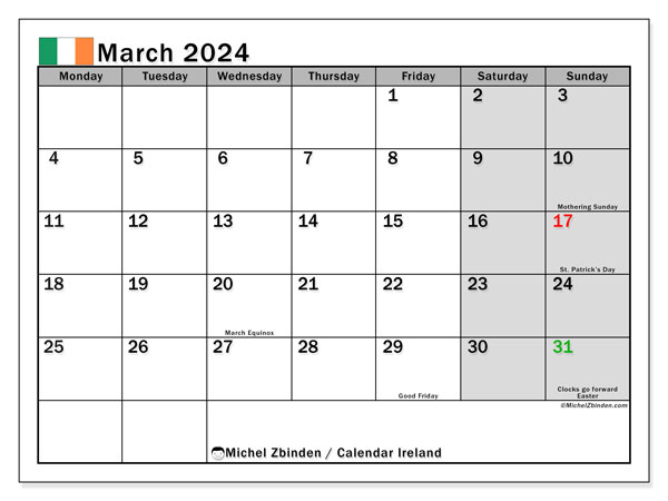 Calendario marzo 2024, Irlanda (EN). Calendario da stampare gratuito.
