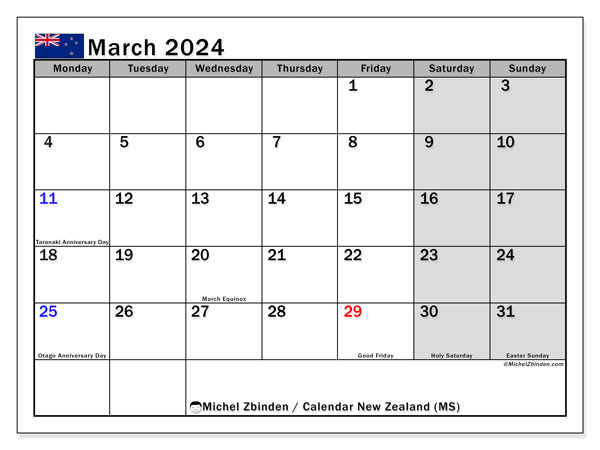 Kalendarz marzec 2024, Nowa Zelandia (EN). Darmowy plan do druku.