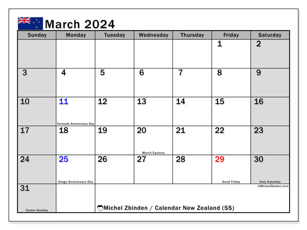 Calendário Março 2024 “Nova Zelândia”. Mapa gratuito para impressão.. Domingo a Sábado