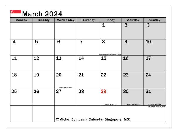 Calendário Março 2024 “Singapura”. Calendário gratuito para imprimir.. Segunda a domingo