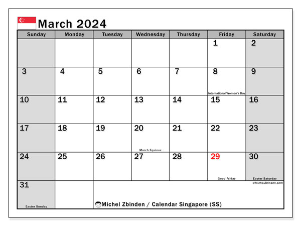 Calendar March 2024, Singapore (EN). Free printable plan.