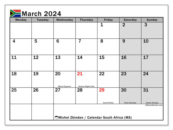 Calendário Março 2024 “África do Sul”. Calendário gratuito para imprimir.. Segunda a domingo