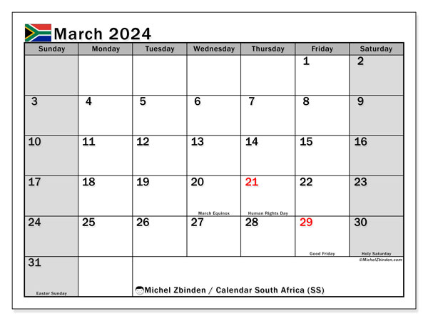 Calendário Março 2024 “África do Sul”. Calendário gratuito para imprimir.. Domingo a Sábado
