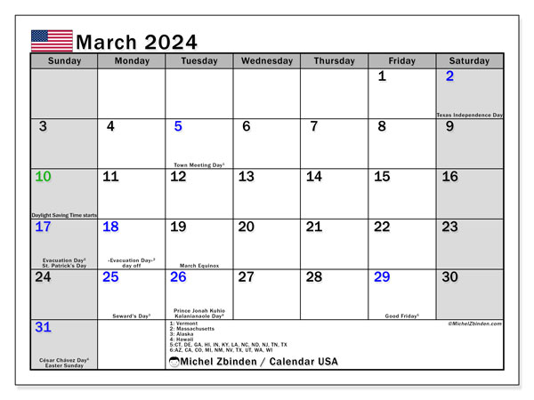 Calendário Março 2024 “Estados Unidos da América (EN)”. Horário gratuito para impressão.. Domingo a Sábado