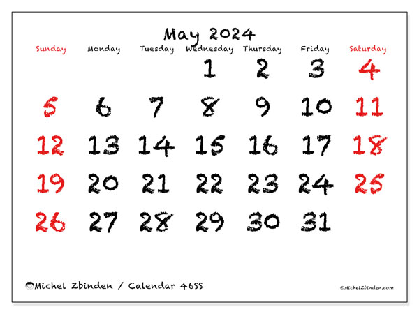 Printable calendar, May 2024, 46SS