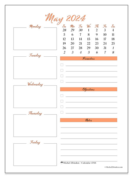 Calendar May 2024, 47SS. Free printable schedule.