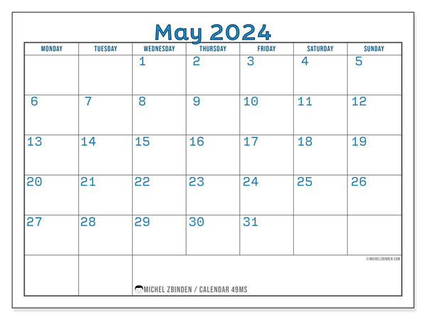 Printable calendar, May 2024, 49MS