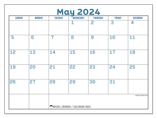 Printable calendar, May 2024, 49SS