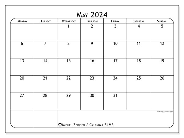Printable calendar, May 2024, 51MS
