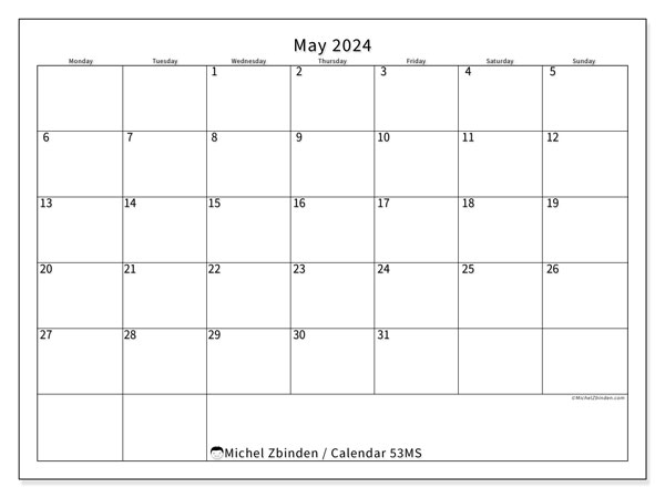 Printable calendar, May 2024, 53MS
