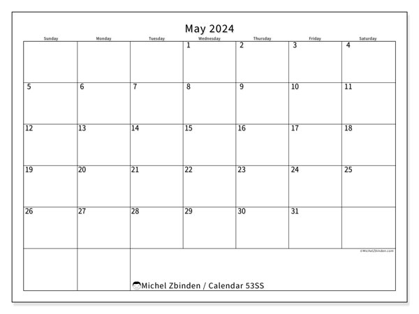 Printable calendar, May 2024, 53SS