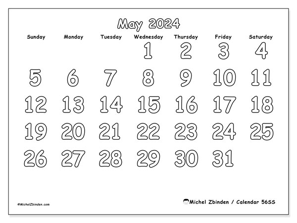 Printable calendar, May 2024, 56SS