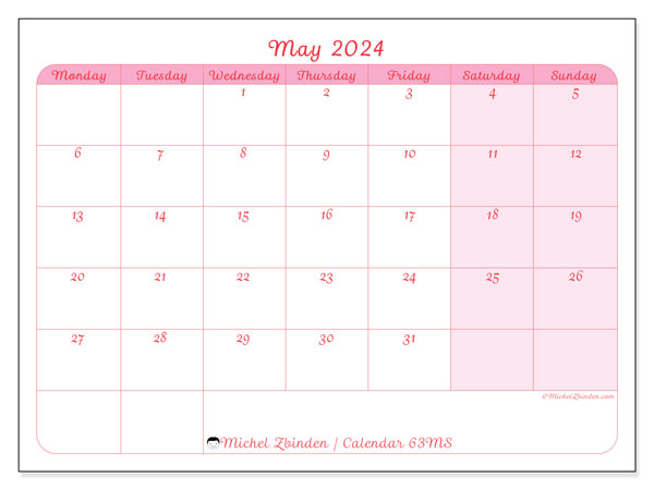 Calendar May 2024 “63”. Free printable program.. Monday to Sunday