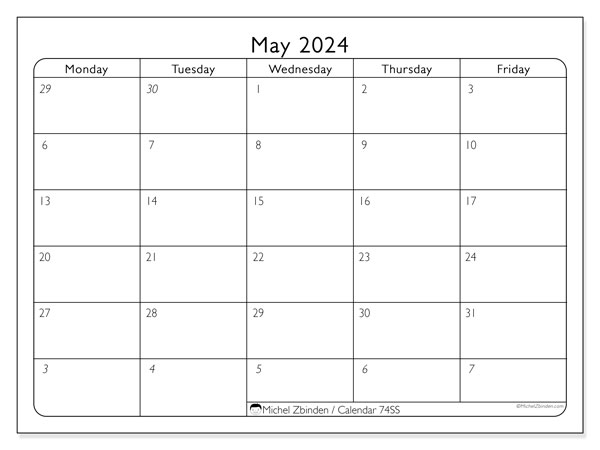 Calendar May 2024, 74SS. Free printable plan.