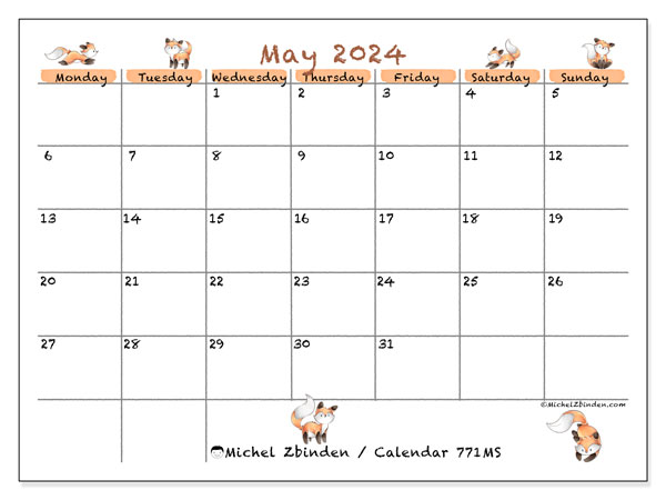 Calendar May 2024, 771MS. Free printable schedule.