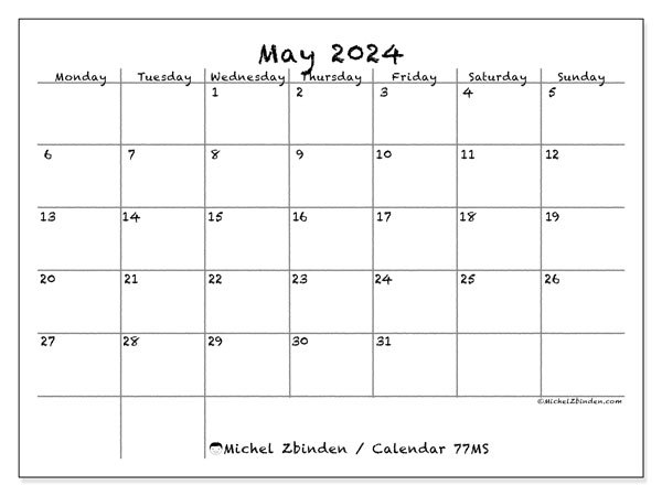 Calendar May 2024, 77SS. Free printable calendar.