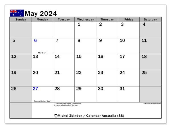 Australia (MS), calendar May 2024, to print, free of charge.