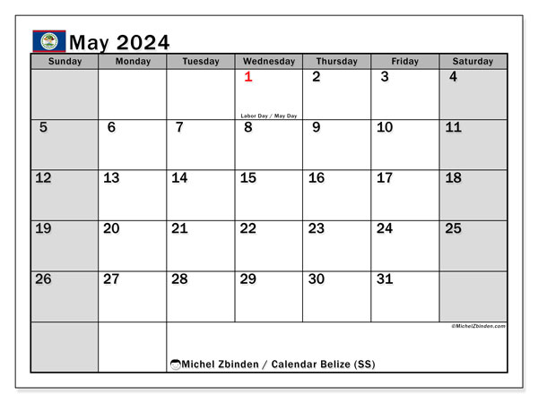 Calendario maggio 2024 “Belize”. Calendario da stampare gratuito.. Da domenica a sabato