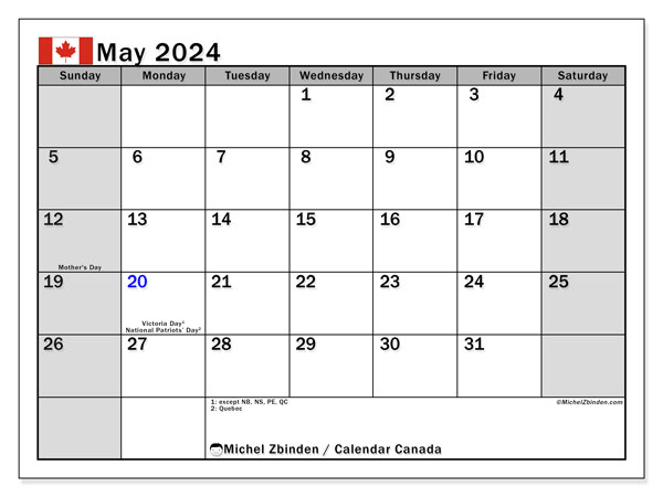 Kalender Mai 2024, Kanada (EN). Kalender zum Ausdrucken kostenlos.