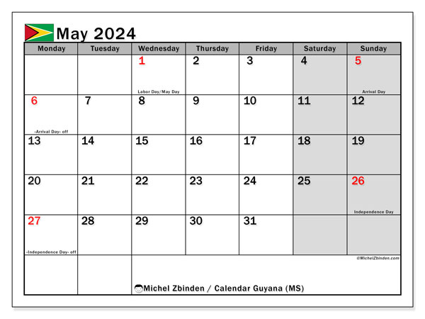 Calendario maggio 2024 “Guyana”. Piano da stampare gratuito.. Da lunedì a domenica