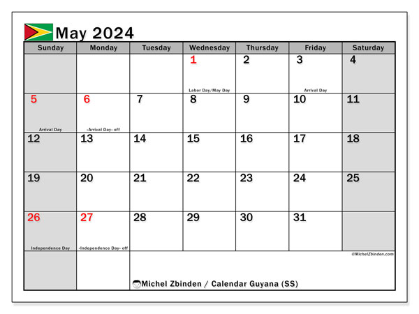 Calendario maggio 2024 “Guyana”. Piano da stampare gratuito.. Da domenica a sabato
