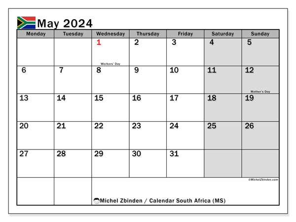 South Africa (MS), calendar May 2024, to print, free of charge.