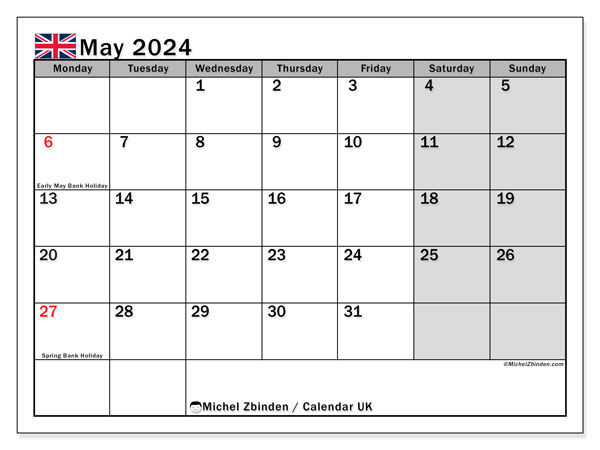 Calendario maggio 2024 “Regno Unito”. Calendario da stampare gratuito.. Da lunedì a domenica